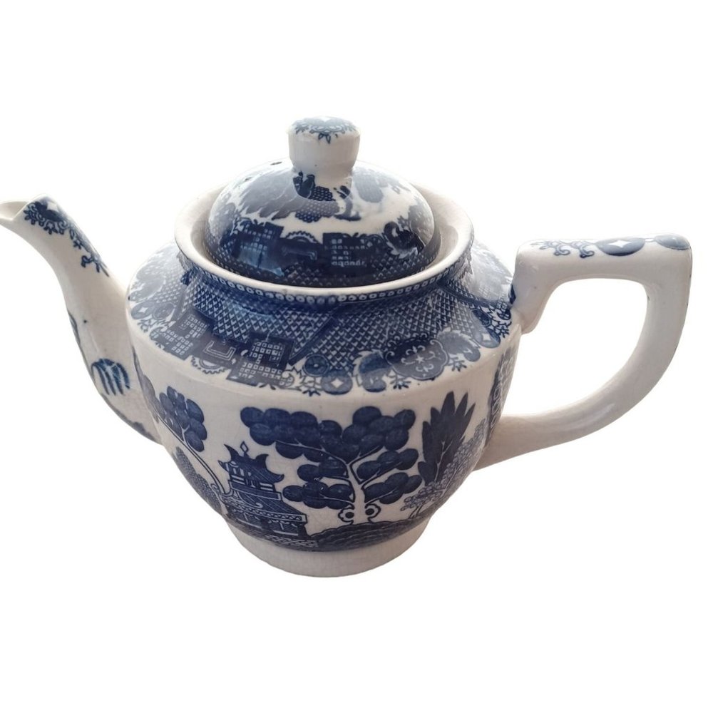 Antique Blue Willow Oriental China Teapot 3C Hand Painted 9x6.5" Vtg Japan